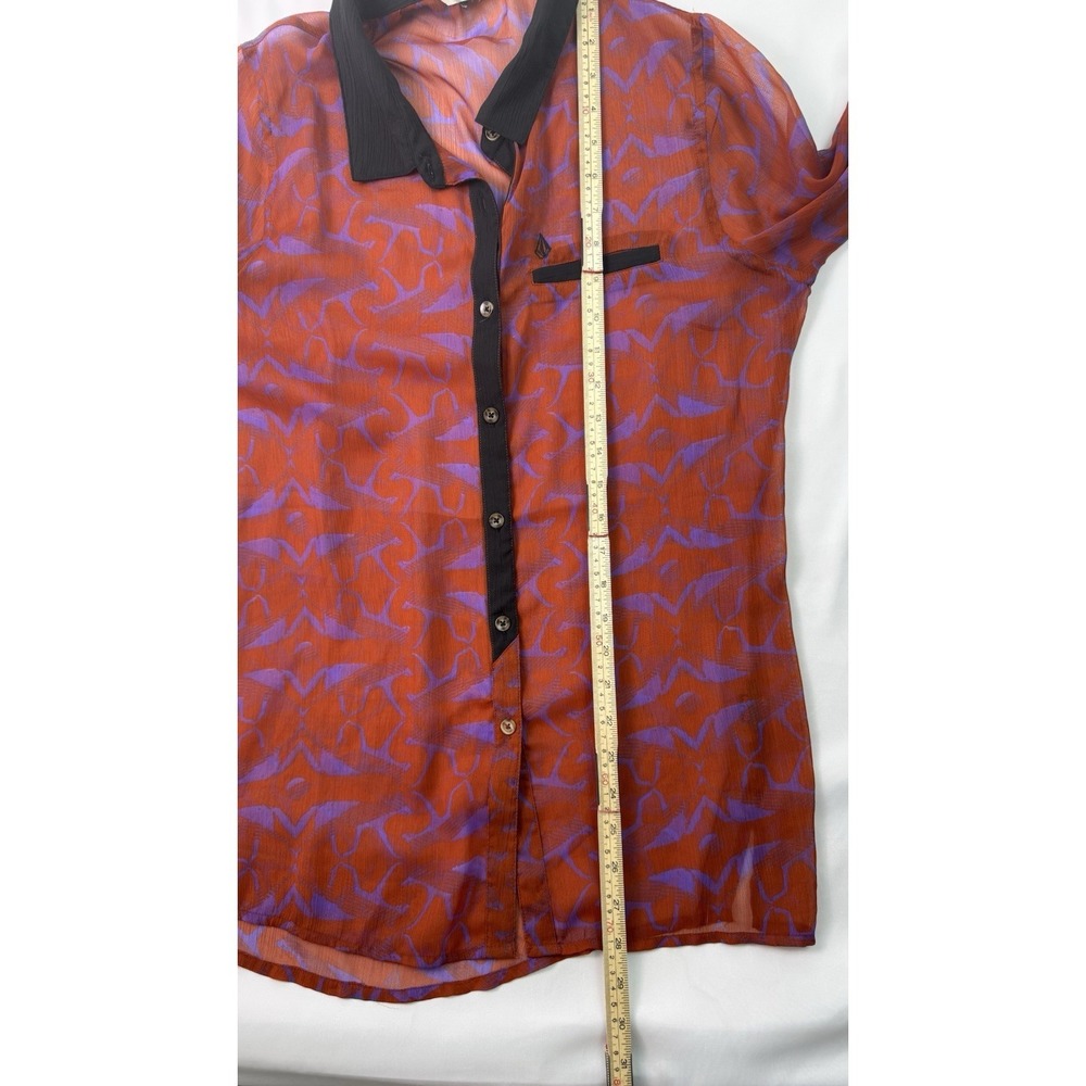 Volcom‎ Sheer Button Front Blouse Orange Purple Abstract Print Lightweight Shirt - Picture 10 of 13